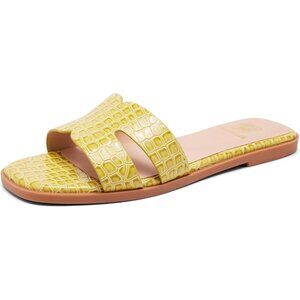 Women's Yellow Square  Slip On Open Toe Summer Beach Flat Slide Sandals